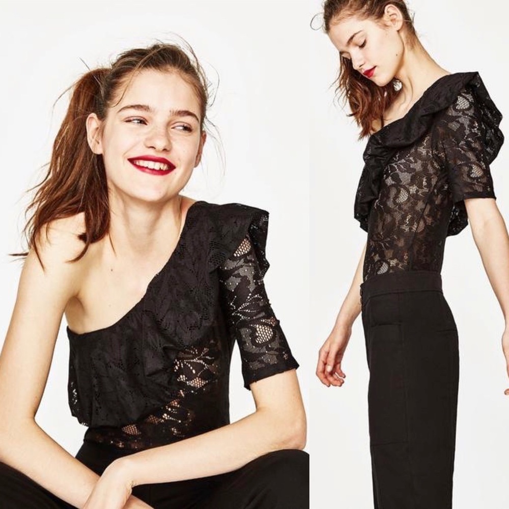NWT Zara Black Lace Ruffle Bodysuit